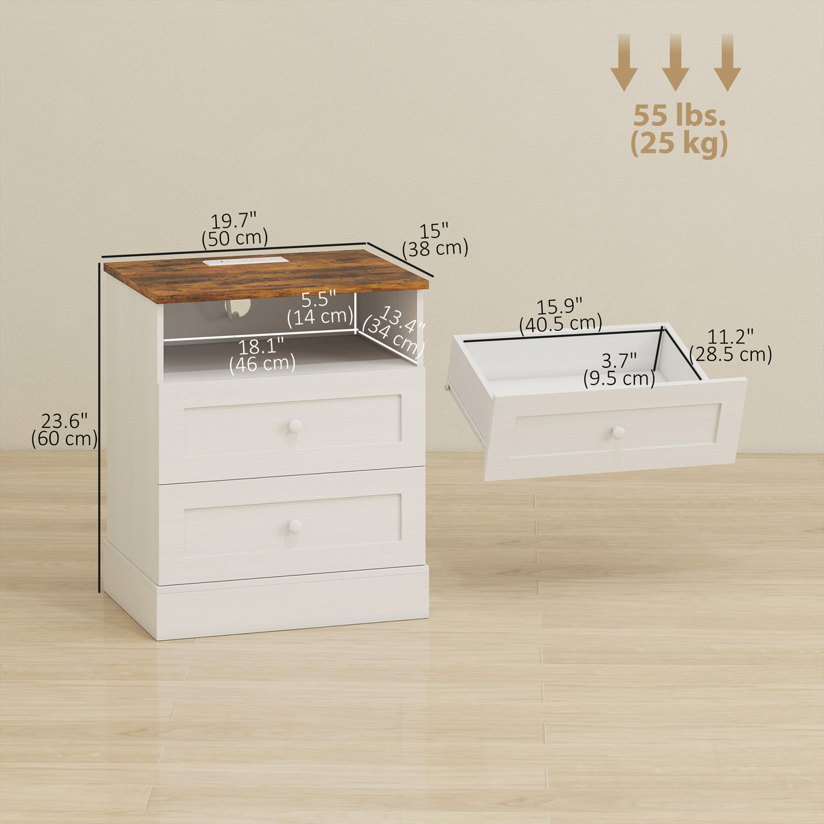Nightstand with Charging Station 2 Drawers Bedside Table Set of 2 White and Oak