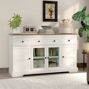 Dining Room Sideboard Buffet Cabinet with Storage, Coffee Bar Cabinet with Glass Doors and Adjustable Shelves, Weathered Grey Oak