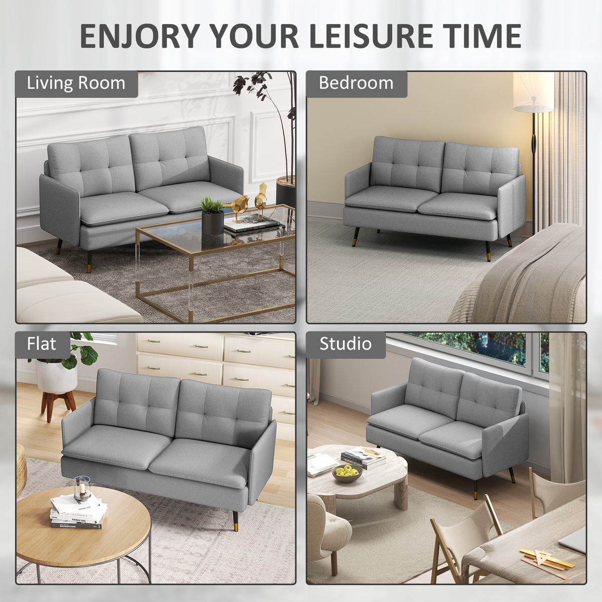55" Loveseat Sofa, Linen Love Seat w/ S spring, Steel Legs and Button Tufting, Small Couch for Living Room – view 27