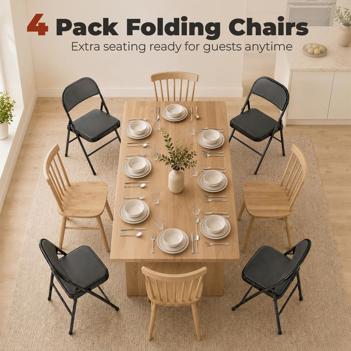 Set of 4 Metal Foldable Chairs, PU Leather Padded Folding Chairs with Cushion Seat and Open Back for Indoor, Black