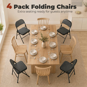 Set of 4 Metal Foldable Chairs, PU Leather Padded Folding Chairs with Cushion Seat and Open Back for Indoor, Black