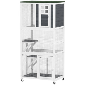 74" Wooden Outdoor Cat House Weatherproof & Wheeled with High Weight Capacity, Kitten Cage Condo, White