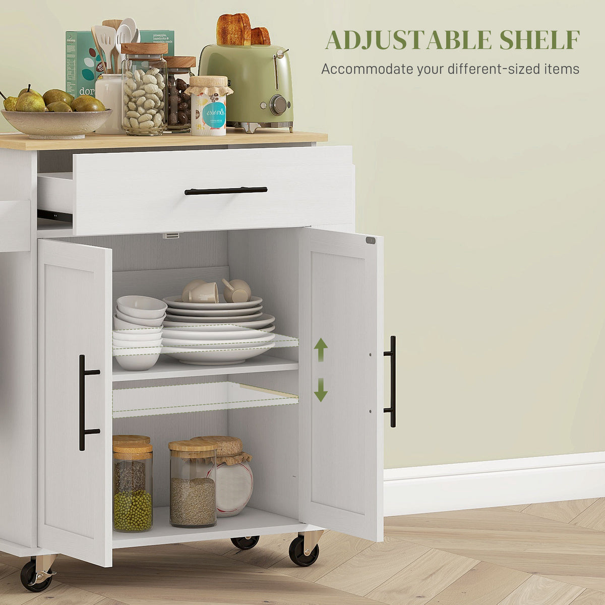 Rolling Island with Wheels for Kitchen, Kitchen Island on Rollers with Power Outlets, Drawer and Doors