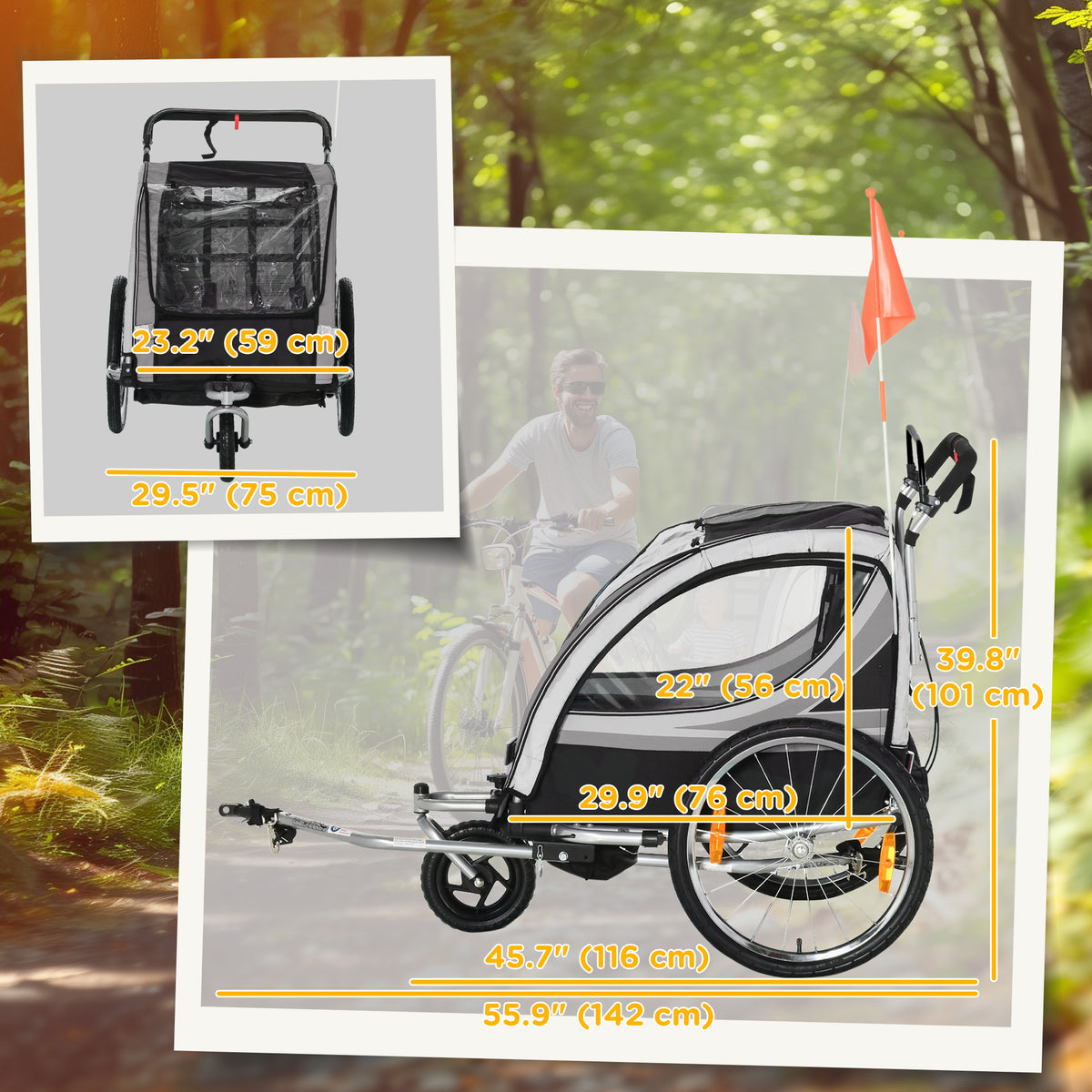 Aosom 2 Seat Bike Trailer for Kids 2-in-1 Double Baby Stroller with Handbrake, Rubber Wheels, 5 Point Harness, Waterproof Cover, Storage Bag, Reflectors