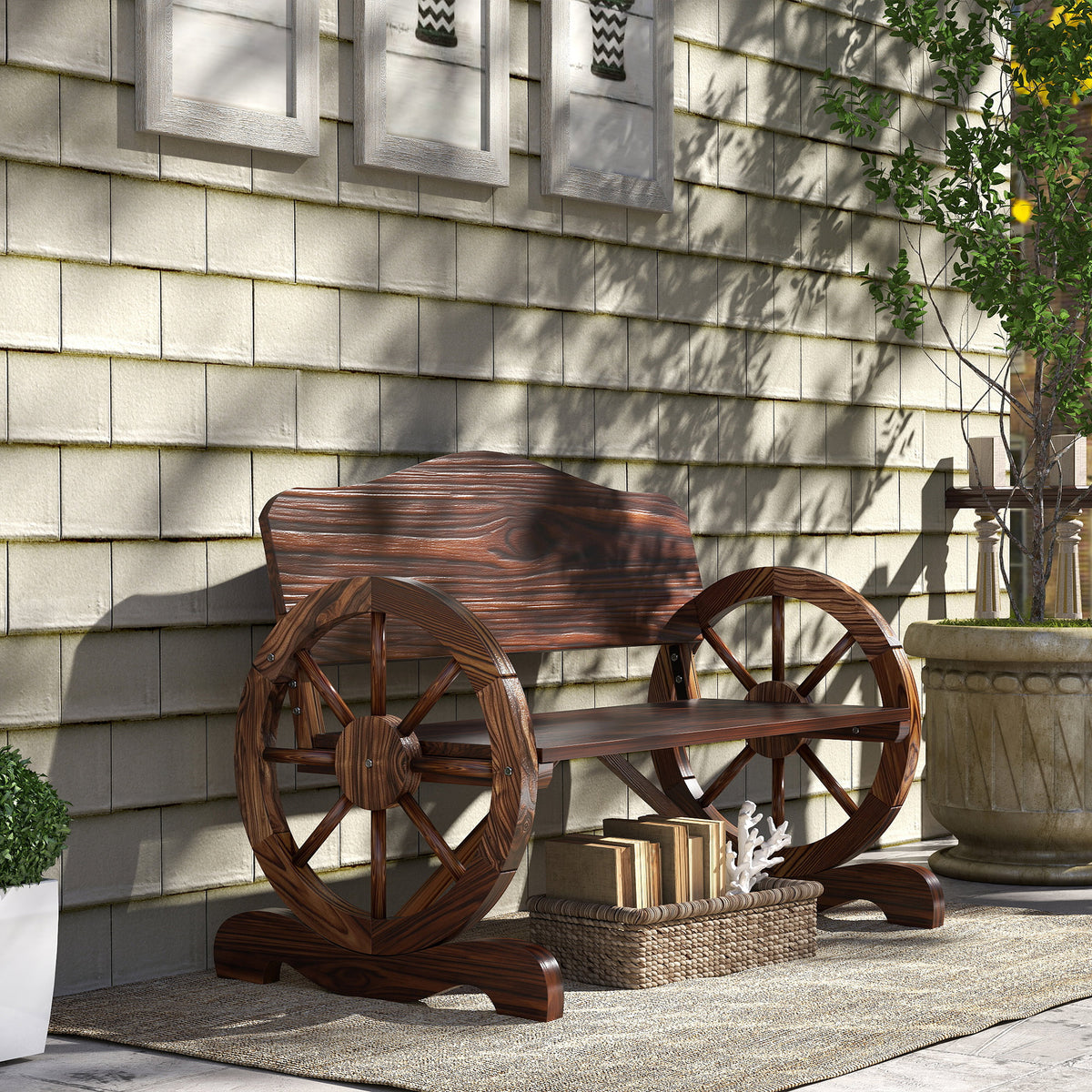 Wooden Outdoor Bench, Garden Patio Loveseat with Wagon Wheel Armrests, 528LBS Capacity, Carbonized