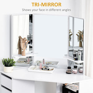 Corner Vanity Desk with Mirror, Makeup Vanity Table with 5 Drawers and Open Shelves – view 11