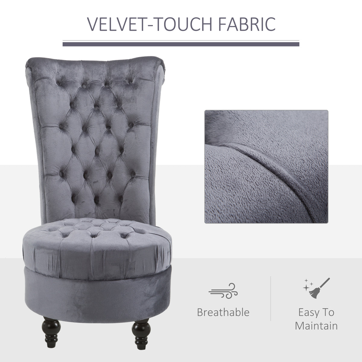45" Tufted High Back Velvet Accent Chair Living Room Soft Padded Couch Lounge Ash Grey