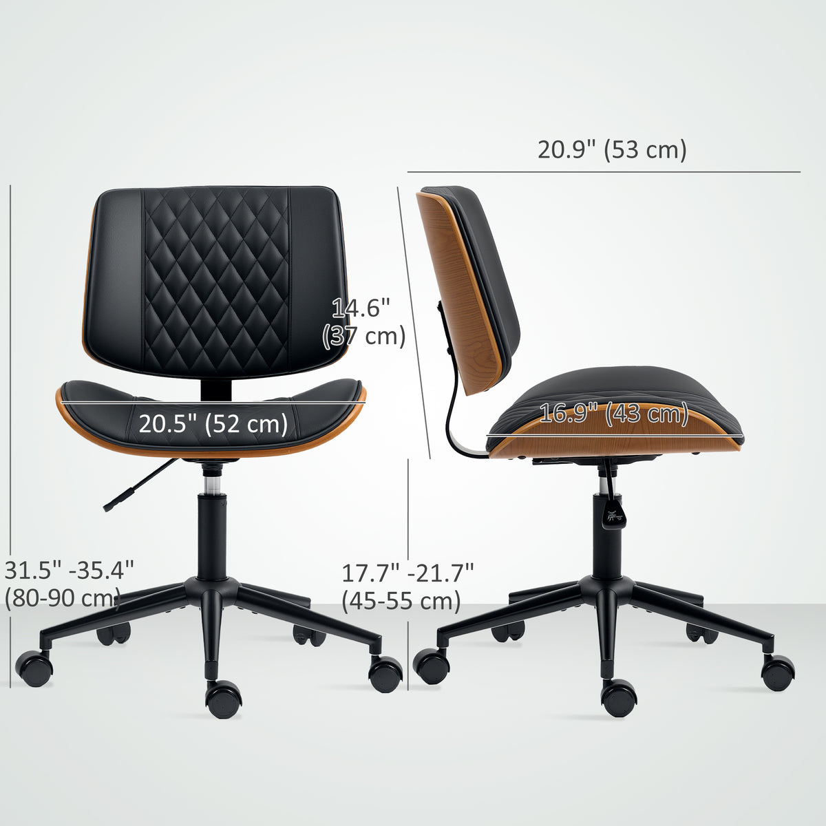 Office Chair No Arms with Wheels, PU Leather Desk Chair with Adjustable Height, Swivel Wheels for Office, Black