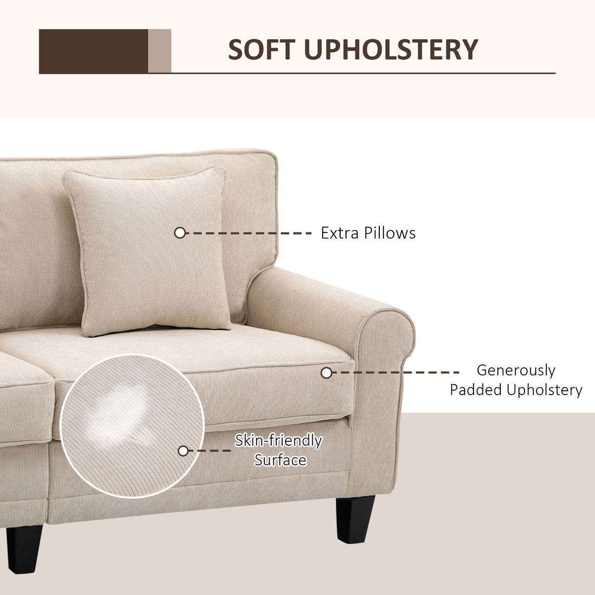 Modern 3 Seater Sofa, Corduroy Fabric 3 Seater Couch with Pine Wood Legs and Rolled Armrests for Living – view 5