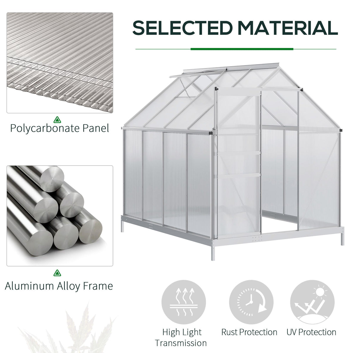 6' x 8' x 6.5' Walk-in Greenhouse, Polycarbonate Greenhouse with Adjustable Roof Vent, Base, Sliding Door – view 11