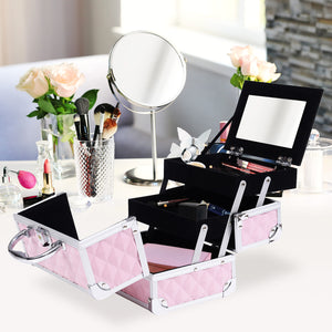3 Tier Diamond Texture Makeup Train Case Cosmetic Organizer with Mirror, Black – view 14