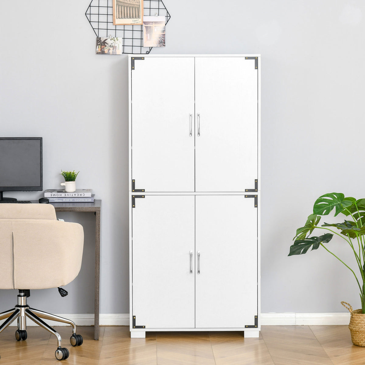 Farmhouse Kitchen Pantry Storage Cabinet with 4 Doors, Kitchen Cabinet with Shelves, White