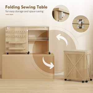 Sewing Machine Table on Wheels, Folding Craft Table with 2 Bins, Storage Shelf, 18 Pegs, Lockable Wheels – view 11