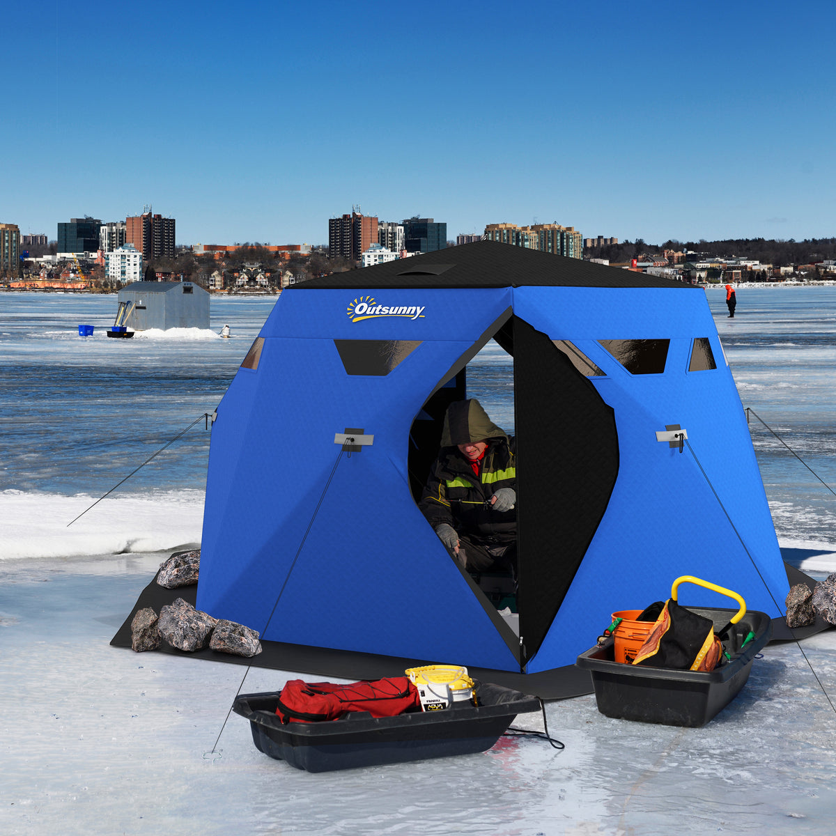 4 Person Insulated Ice Fishing Shelter, Pop-Up Portable Ice Fishing Tent with Carry Bag and Two Doors for – view 14