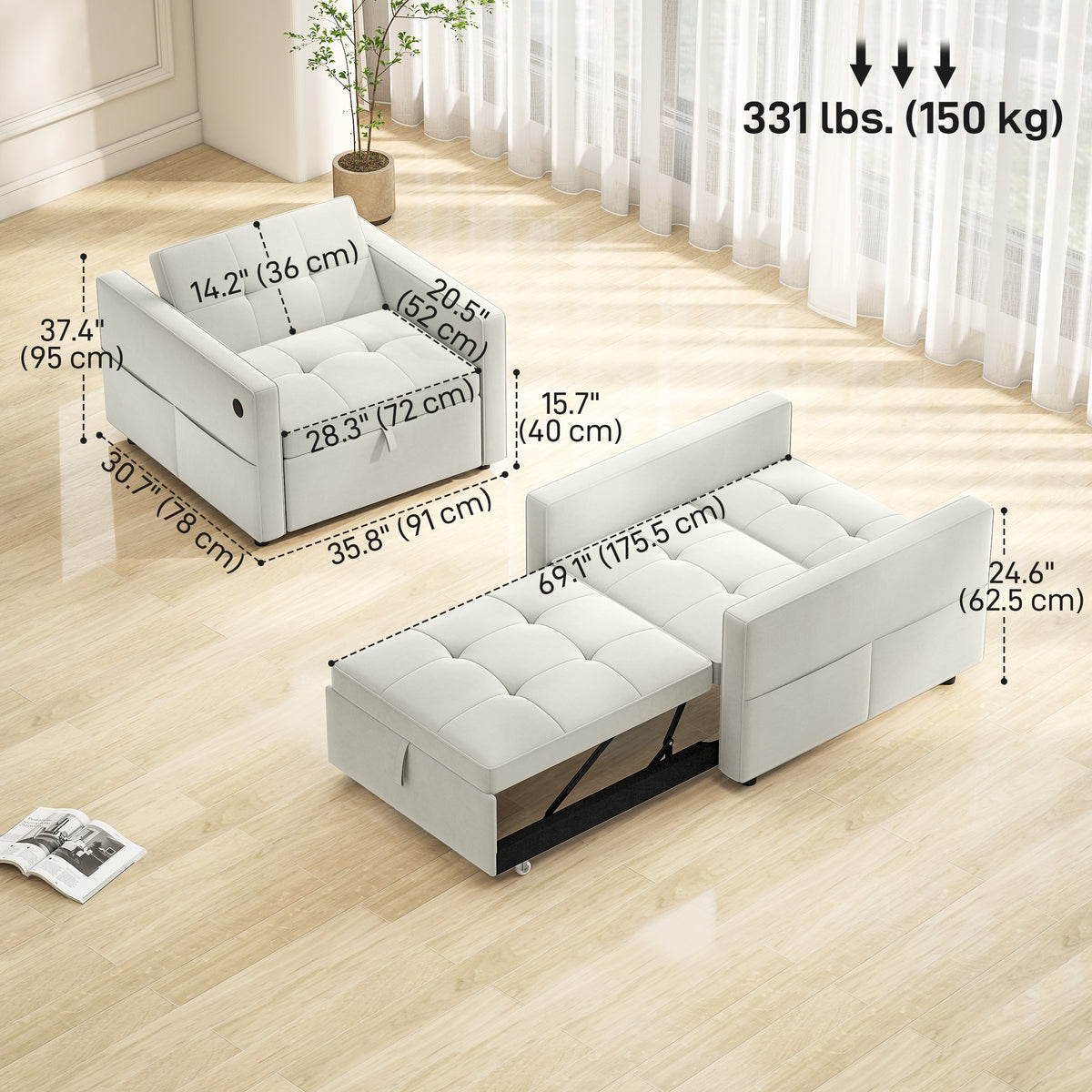 Convertible Chair Bed, Pull Out Sleeper Chair with USB, Adjustable Backrest, Small Velvet Futon Sofa Bed – view 2
