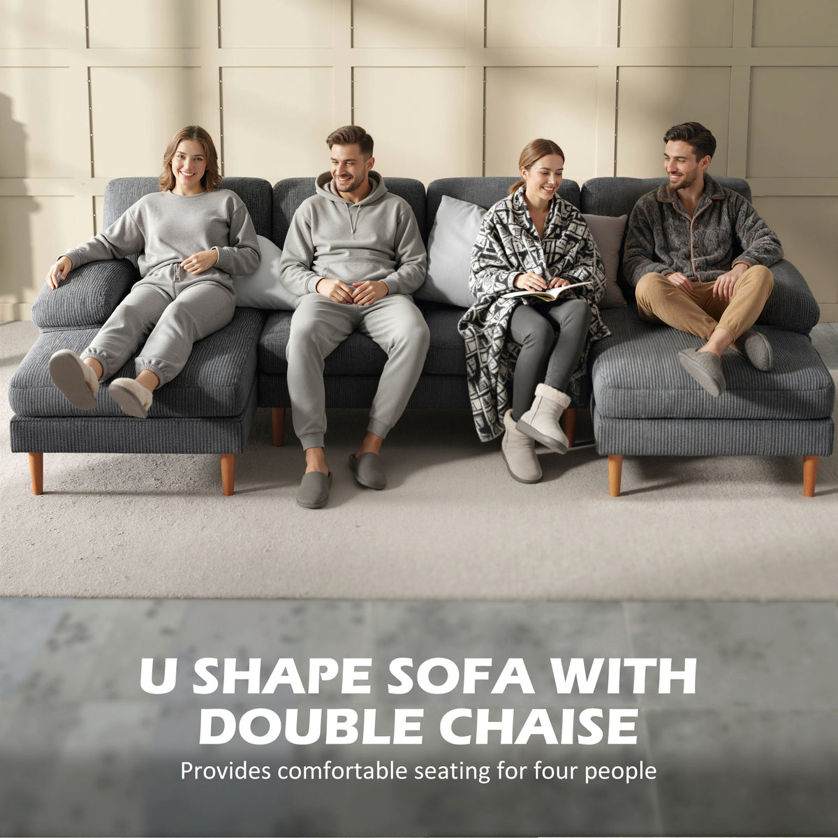U Shape Couch with Double Chaise Lounge, Modern 4 Seater Sofa with Wooden Legs, Fabric Sofa for Living Room, Dark Grey