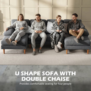 U Shape Couch with Double Chaise Lounge, Modern 4 Seater Sofa with Wooden Legs, Fabric Sofa for Living Room, Dark Grey
