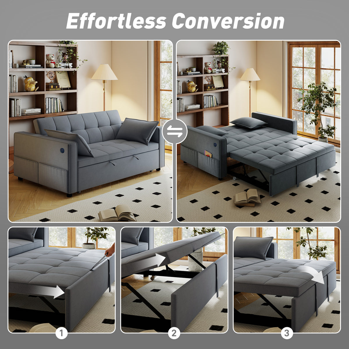 3‑in‑1 Convertible Sofa Bed, Pull Out Sleeper Sofa with USB Charging, Adjustable Backrest, Side Pockets – view 10