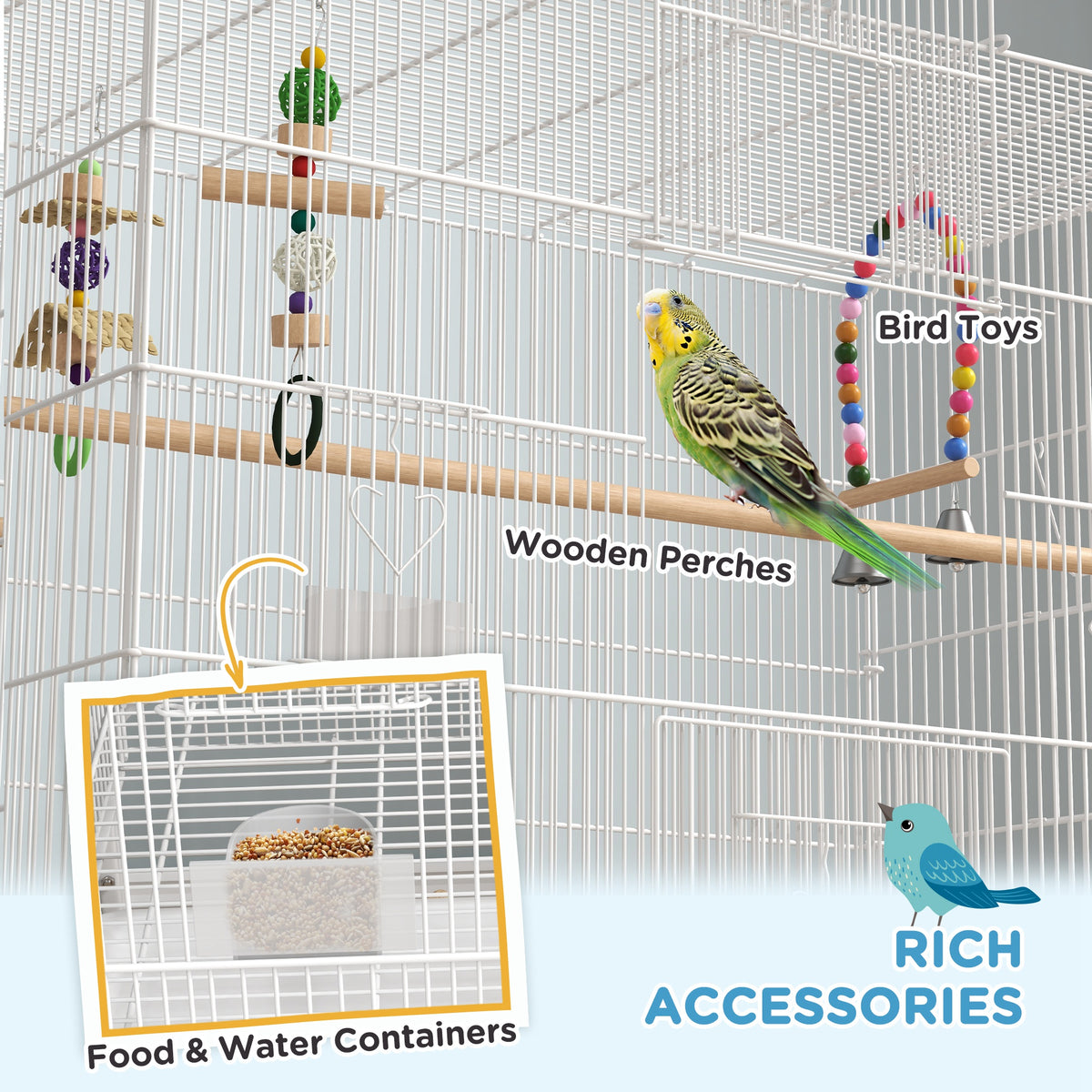 52" Bird Cage with Rolling Stand, Toys, for Budgies Canaries Black – view 11