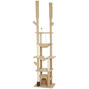 89"-100" Floor to Ceiling Cat Tree Cat Tower for Large Cats w/ Scratching Posts, Grooming Brush Post, Cat Condo, Brown