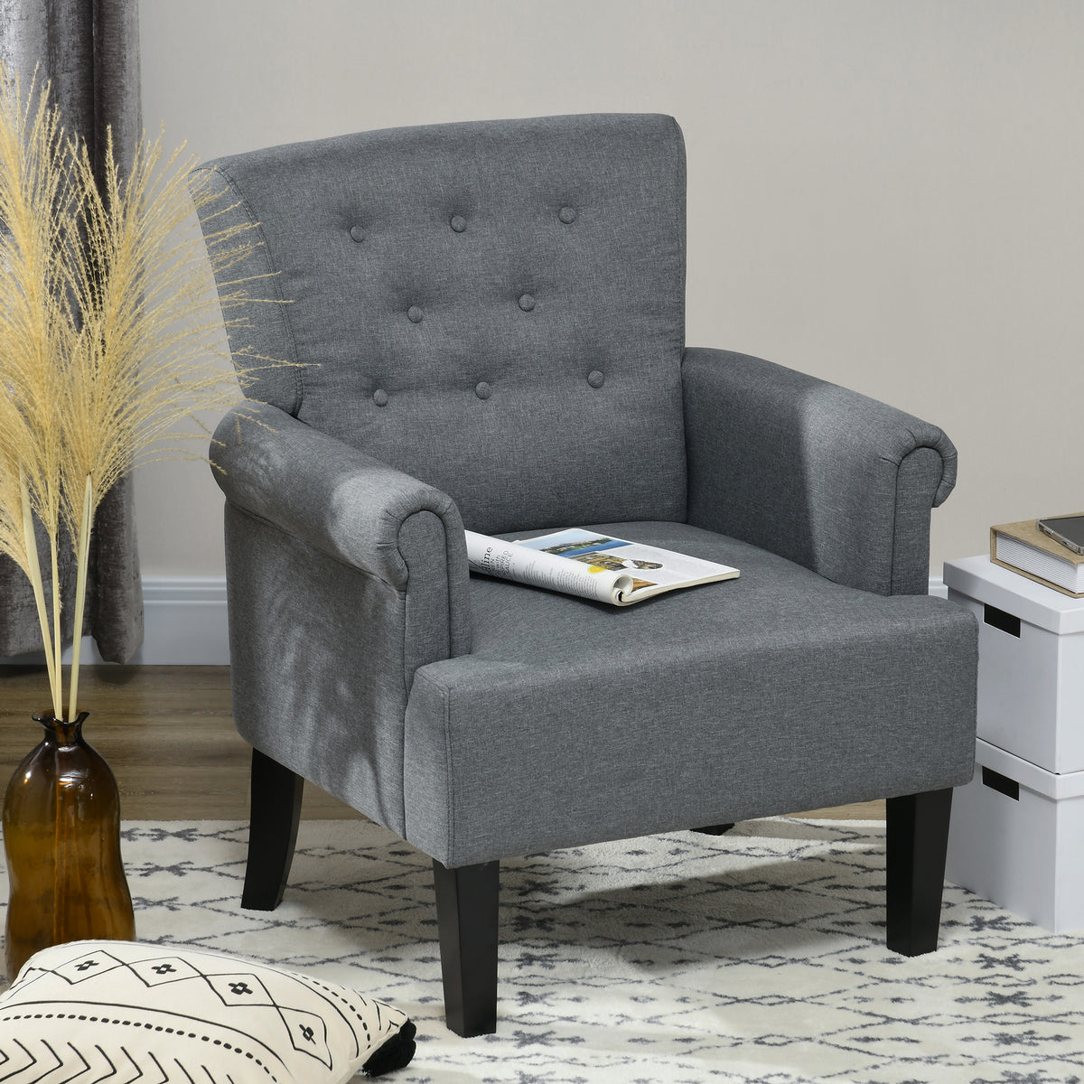 Armchair, Fabric Accent Chair, Modern Living Room Chair with Wood Legs and Rolled Arms for Bedroom, Grey