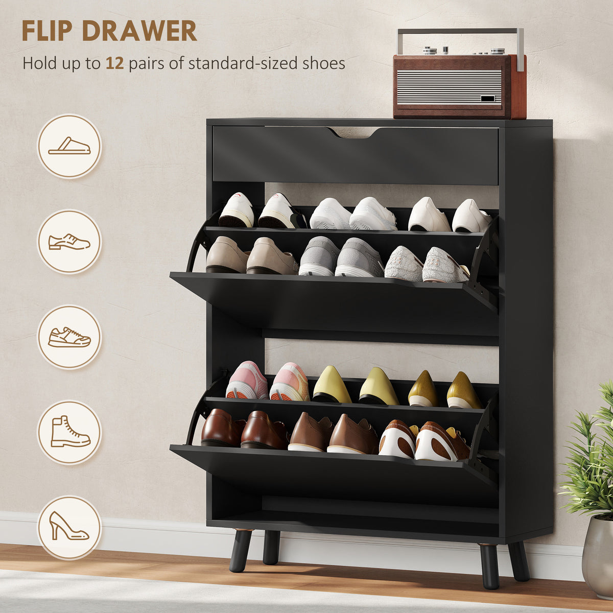 Narrow Shoe Cabinet for Entryway with 2 Flip Drawers, Top Drawer and Adjustable Shelves for 12 Pairs of – view 3