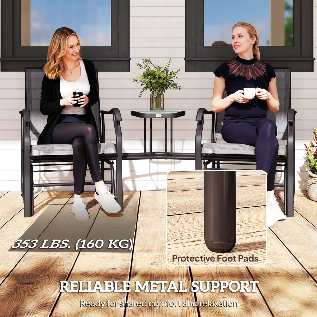 Double Patio Glider Chair with Glass Top Center Table, Outdoor Glider Loveseat with High Back – view 9