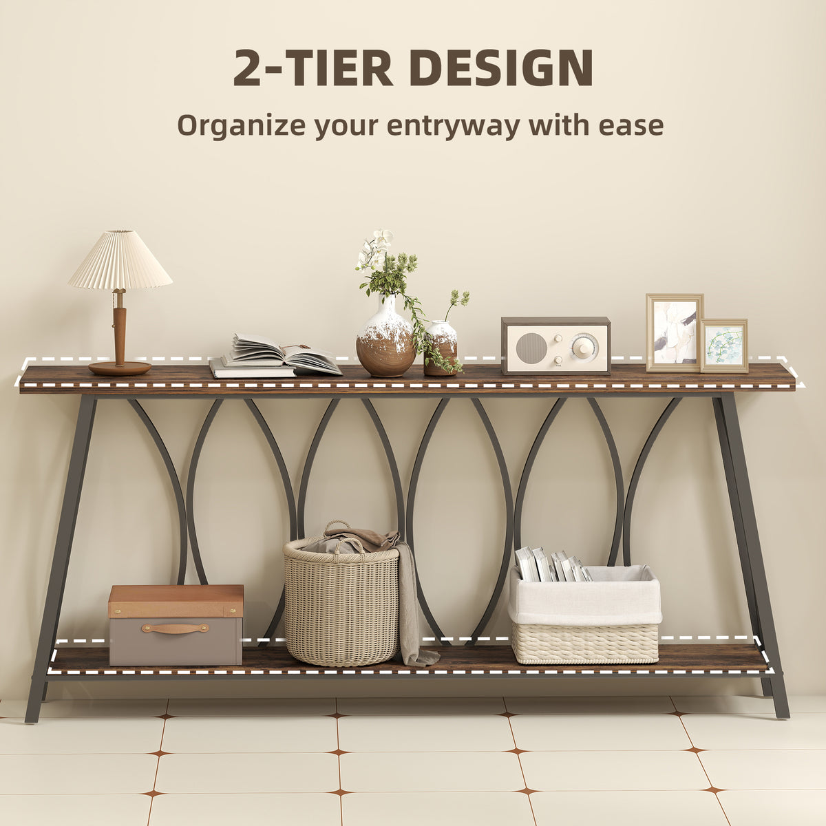 71" Console Table, Industrial 2-Tier Narrow Entryway Table with Metal Frame for Living Room, Hallway, Rustic Brown