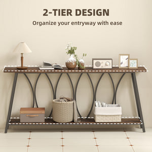 71" Console Table, Industrial 2-Tier Narrow Entryway Table with Metal Frame for Living Room, Hallway, Rustic Brown