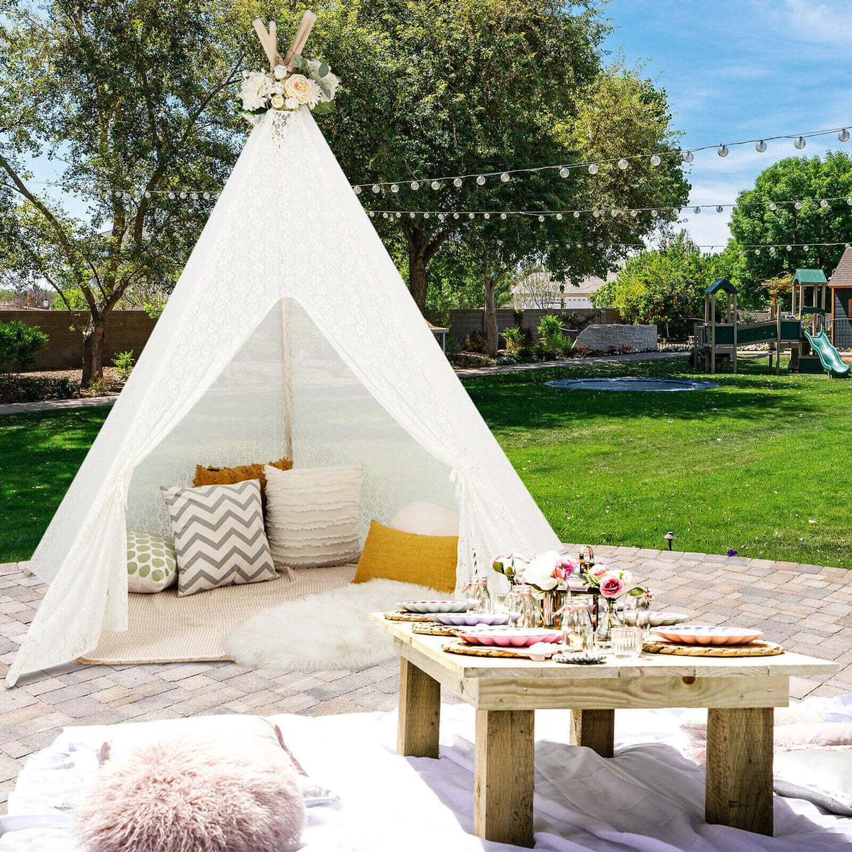 Lace Teepee Tent with Colorful Light Strings for Children view 2