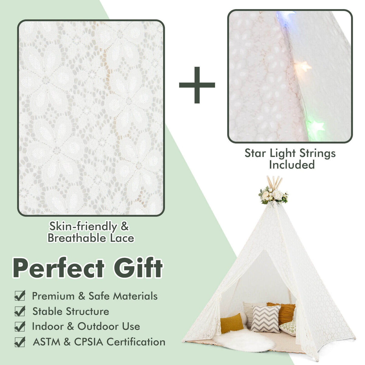Lace Teepee Tent with Colorful Light Strings for Children view 7