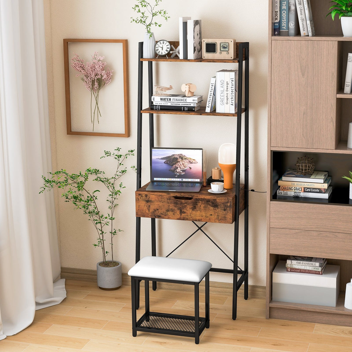 Ladder Vanity Desk Set with Flip Top Mirror and Cushioned Stool-Black view 2