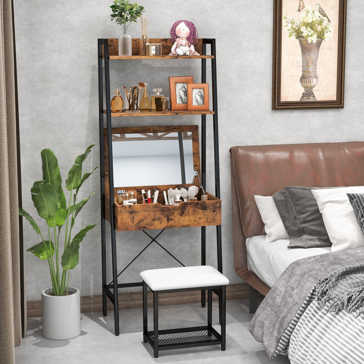 Ladder Vanity Desk Set with Flip Top Mirror and Cushioned Stool-Black view 3