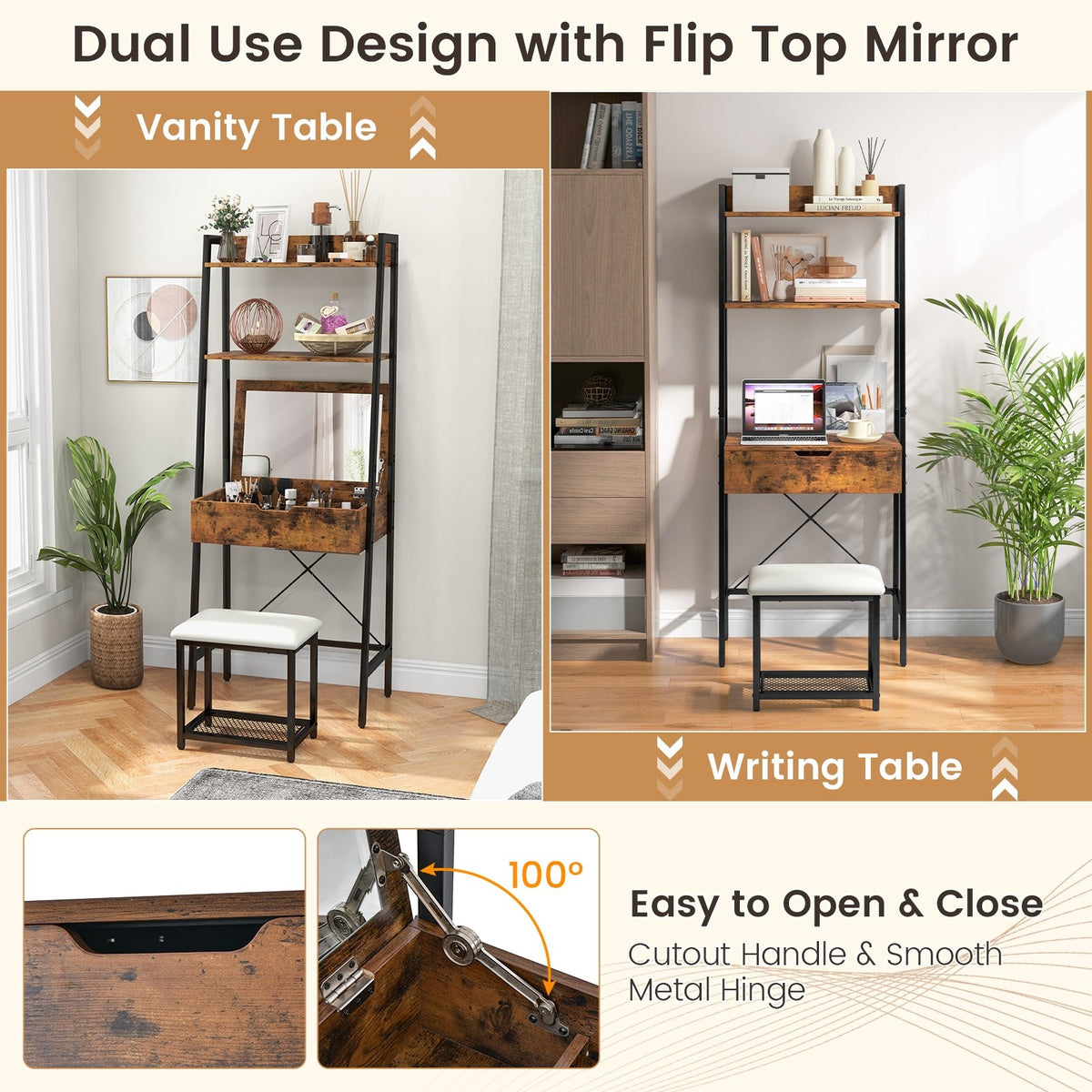Ladder Vanity Desk Set with Flip Top Mirror and Cushioned Stool-Black view 7