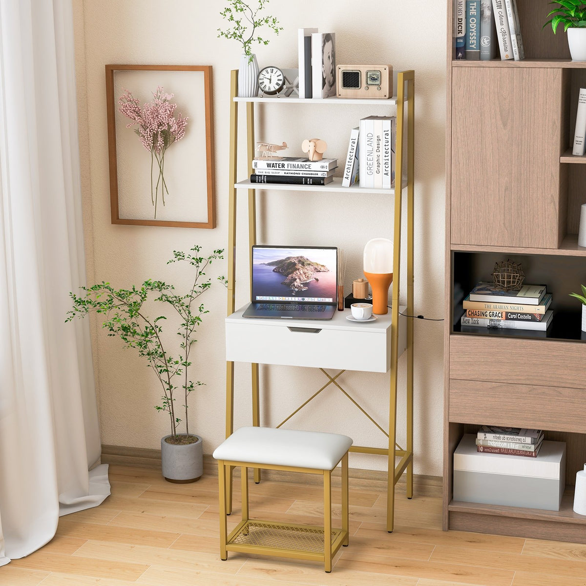Ladder Vanity Desk Set with Flip Top Mirror and Cushioned Stool-Golden view 2