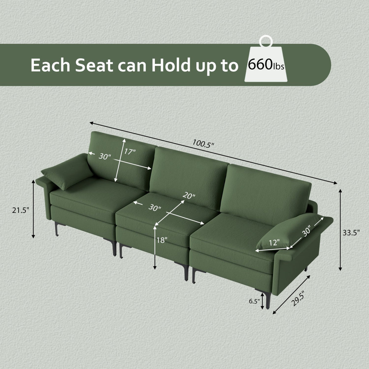 Large 3-Seat Sofa Sectional with Metal Legs and 2 USB Ports for 3-4 people-Green view 4