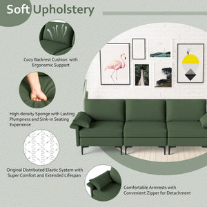 Large 3-Seat Sofa Sectional with Metal Legs and 2 USB Ports for 3-4 people-Green view 5