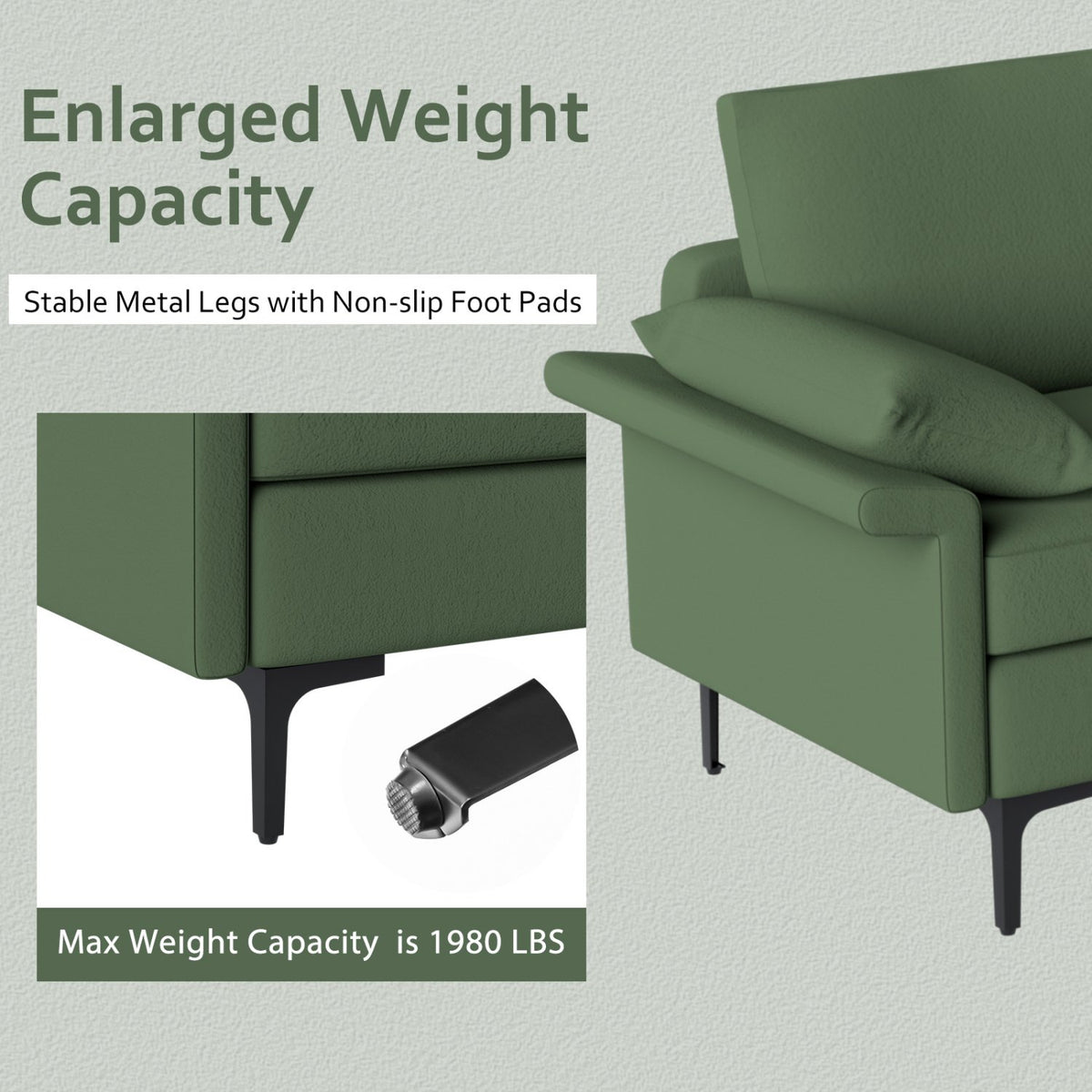 Large 3-Seat Sofa Sectional with Metal Legs and 2 USB Ports for 3-4 people-Green view 7