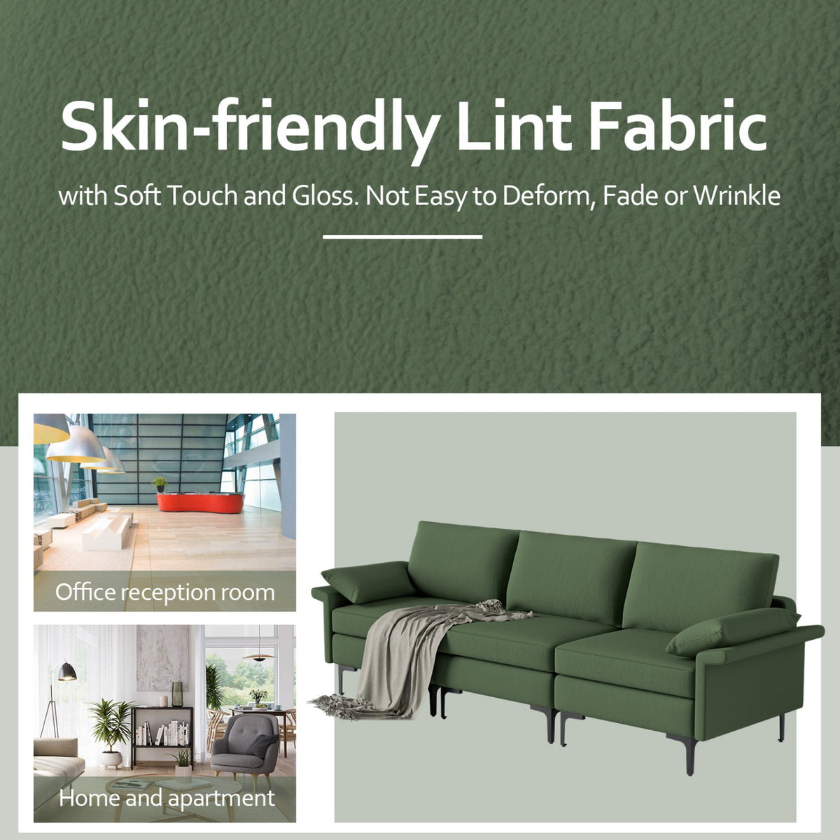 Large 3-Seat Sofa Sectional with Metal Legs and 2 USB Ports for 3-4 people-Green view 9