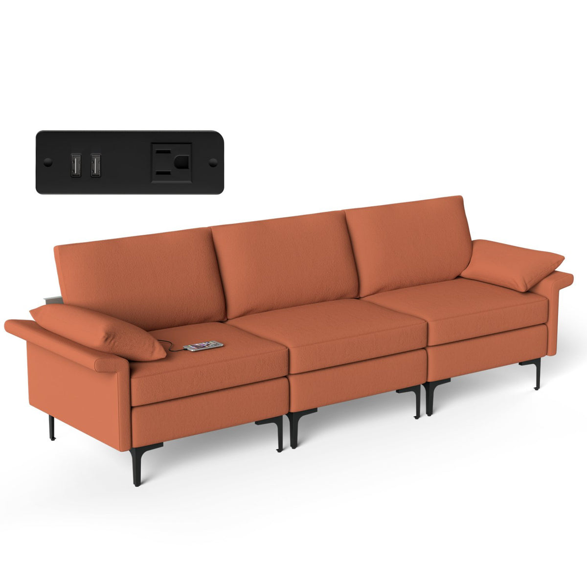 Large 3-Seat Sofa Sectional with Metal Legs and 2 USB Ports for 3-4 people-Red view 3