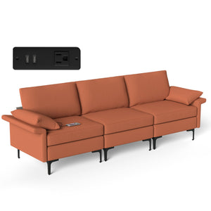 Large 3-Seat Sofa Sectional with Metal Legs and 2 USB Ports for 3-4 people-Red view 3