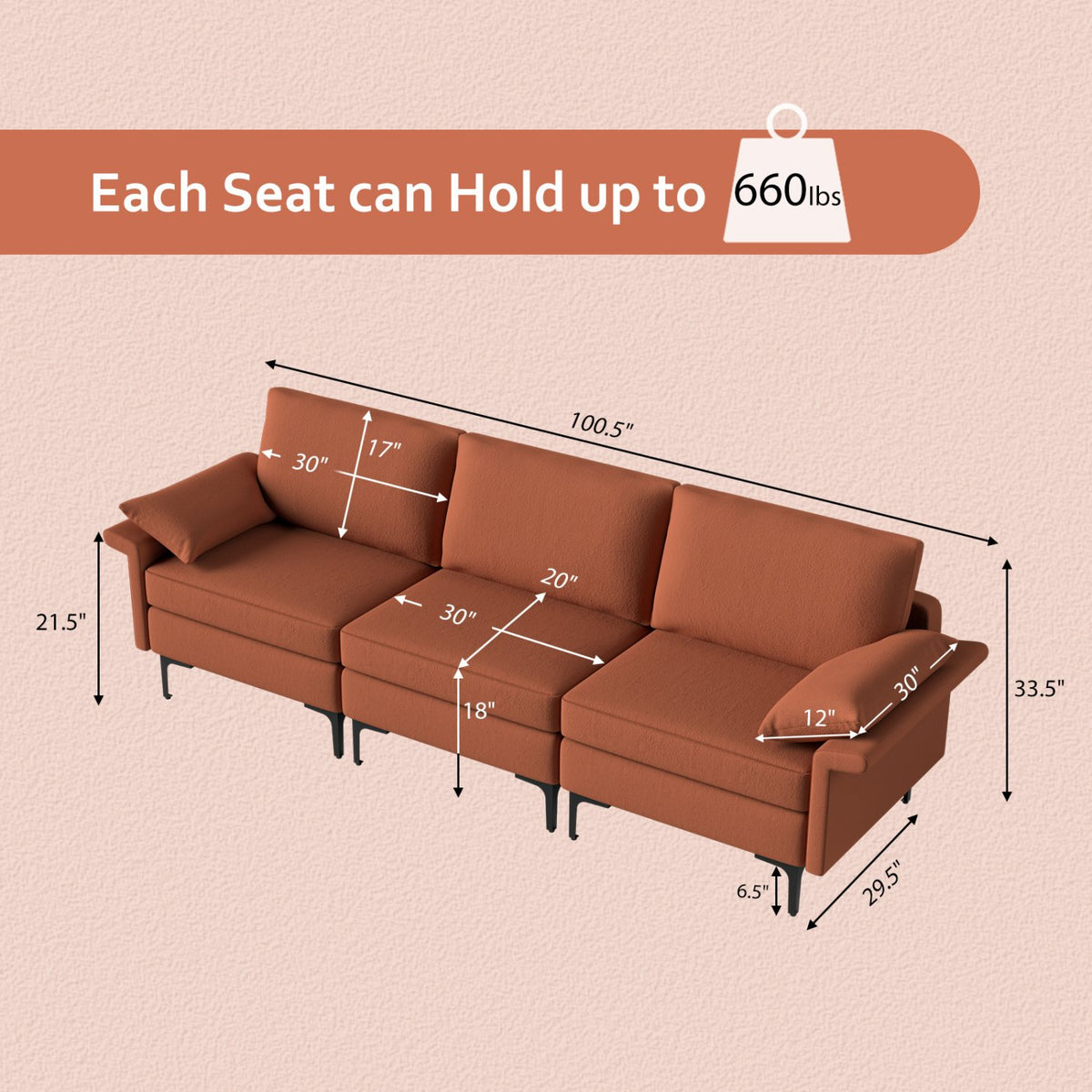 Large 3-Seat Sofa Sectional with Metal Legs and 2 USB Ports for 3-4 people-Red view 4