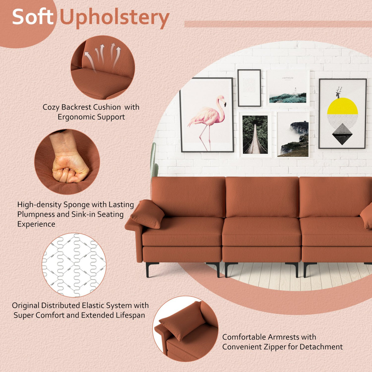 Large 3-Seat Sofa Sectional with Metal Legs and 2 USB Ports for 3-4 people-Red view 5