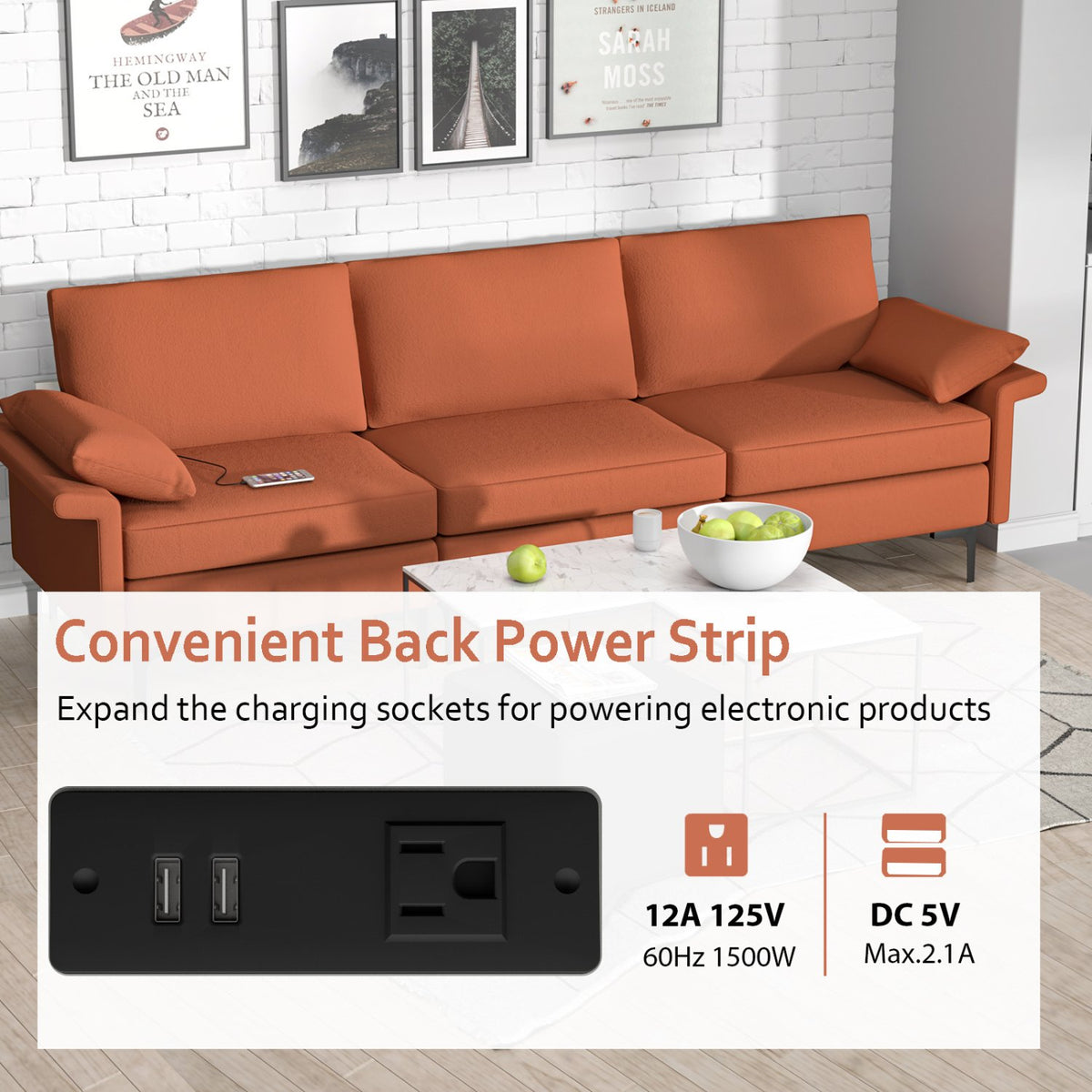 Large 3-Seat Sofa Sectional with Metal Legs and 2 USB Ports for 3-4 people-Red view 8