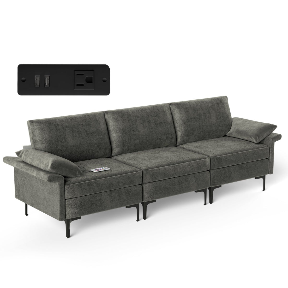 Large 3-Seat Sofa Sectional with Metal Legs and 2 USB Ports for 3-4 people-Silver view 3