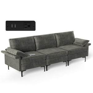 Large 3-Seat Sofa Sectional with Metal Legs and 2 USB Ports for 3-4 people-Silver view 3