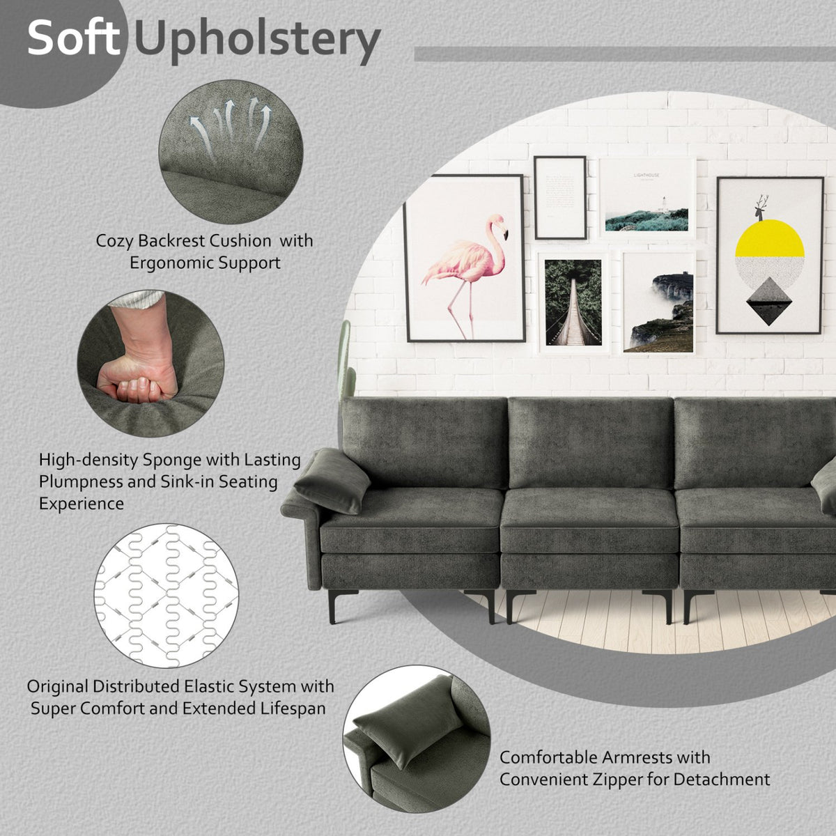 Large 3-Seat Sofa Sectional with Metal Legs and 2 USB Ports for 3-4 people-Silver view 5
