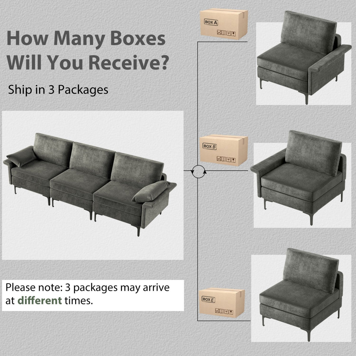 Large 3-Seat Sofa Sectional with Metal Legs and 2 USB Ports for 3-4 people-Silver view 7