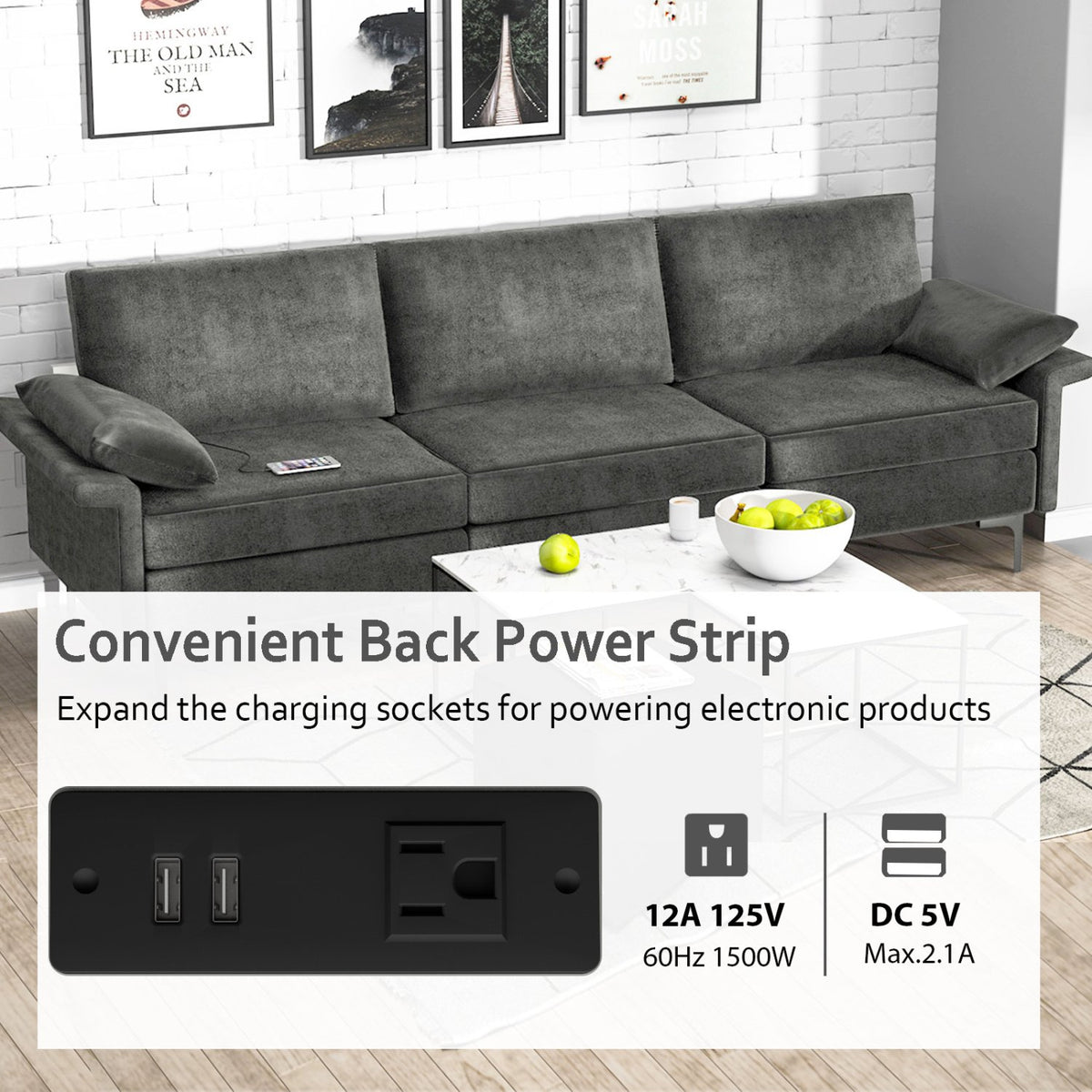 Large 3-Seat Sofa Sectional with Metal Legs and 2 USB Ports for 3-4 people-Silver view 8