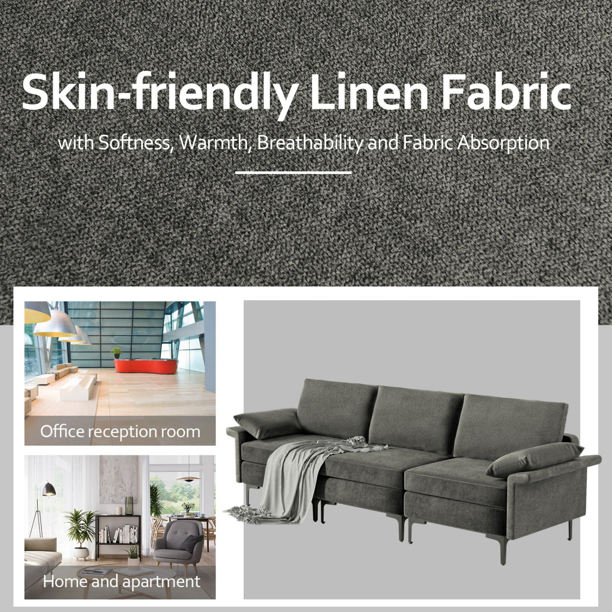 Large 3-Seat Sofa Sectional with Metal Legs and 2 USB Ports for 3-4 people-Silver view 9
